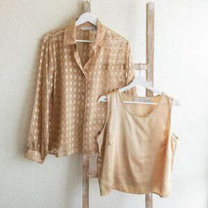Dressbarn 2-Piece Set Size M Gold Shell Tank & Sheer Button-Up Blouse Elegant